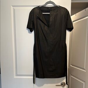 Theory Black Belted Leather Sheath Mini Dress